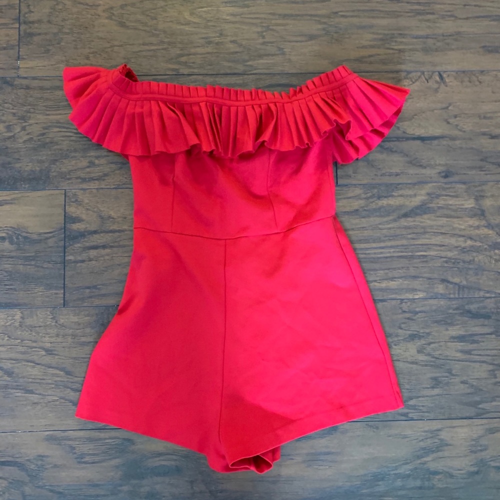 Red Pleated Off-Shoulder Romper